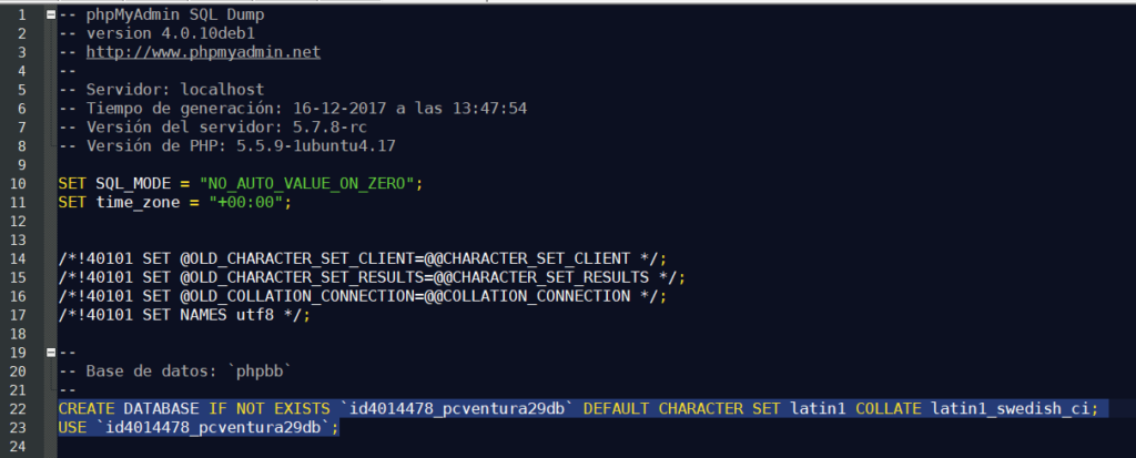 Modificación realizada a un archivo de volcado para hacer coincidir el nuevo nombre de la base de datos.