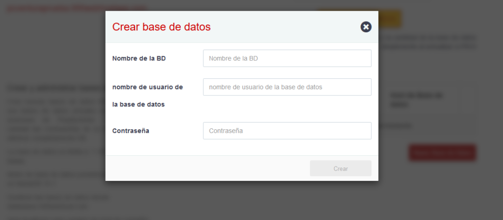 Formulario de creación de base de datos de 000WebHost